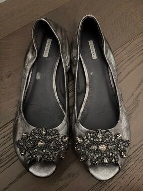 Vera Wang Gunmetal Embellished Peep-Toe Flats